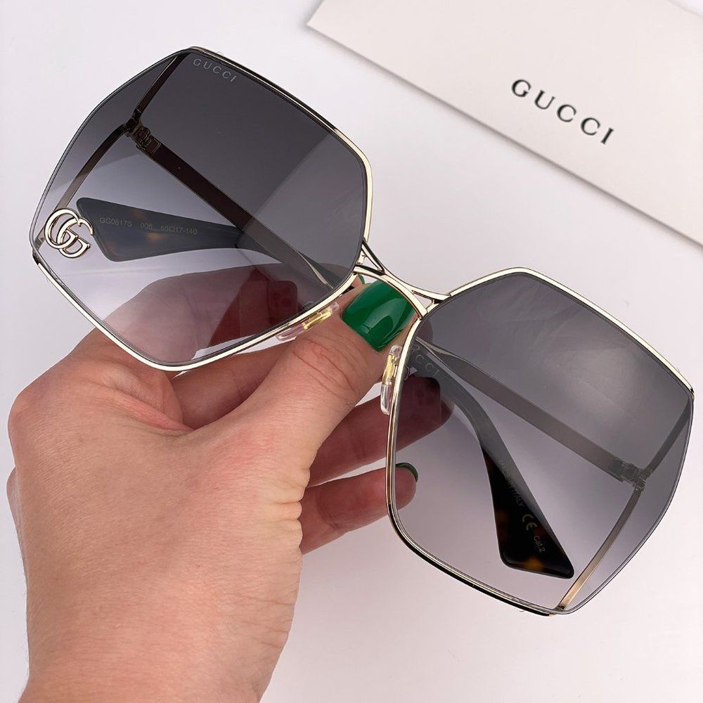 Gucci Logo GG0817S 006 Sunglasses Gold Gray Oversized Women
